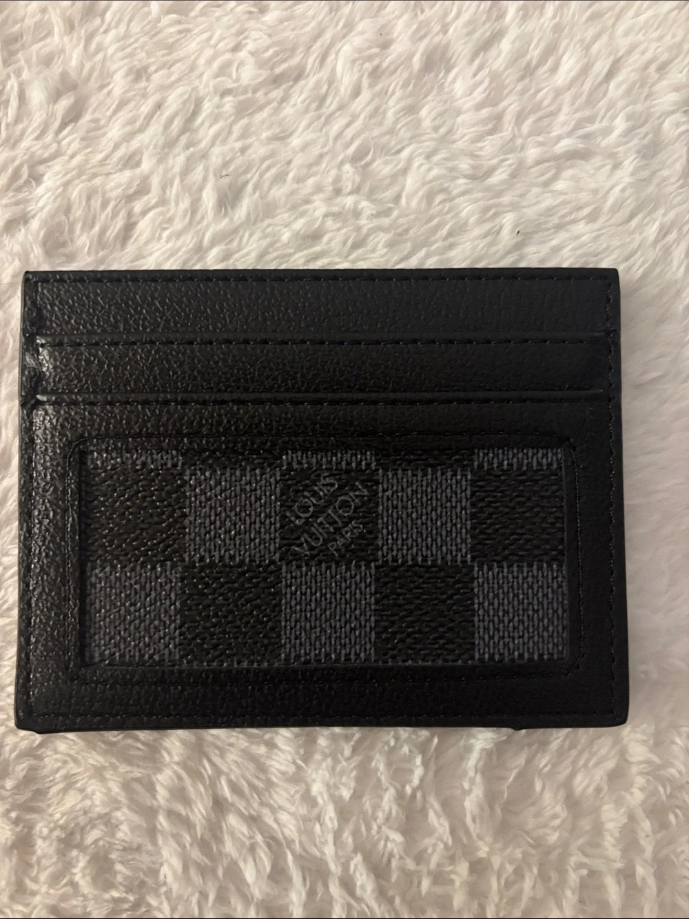 Brand New !! FASHION Black & Gray Damier Card Holder with Gold LV Emblem